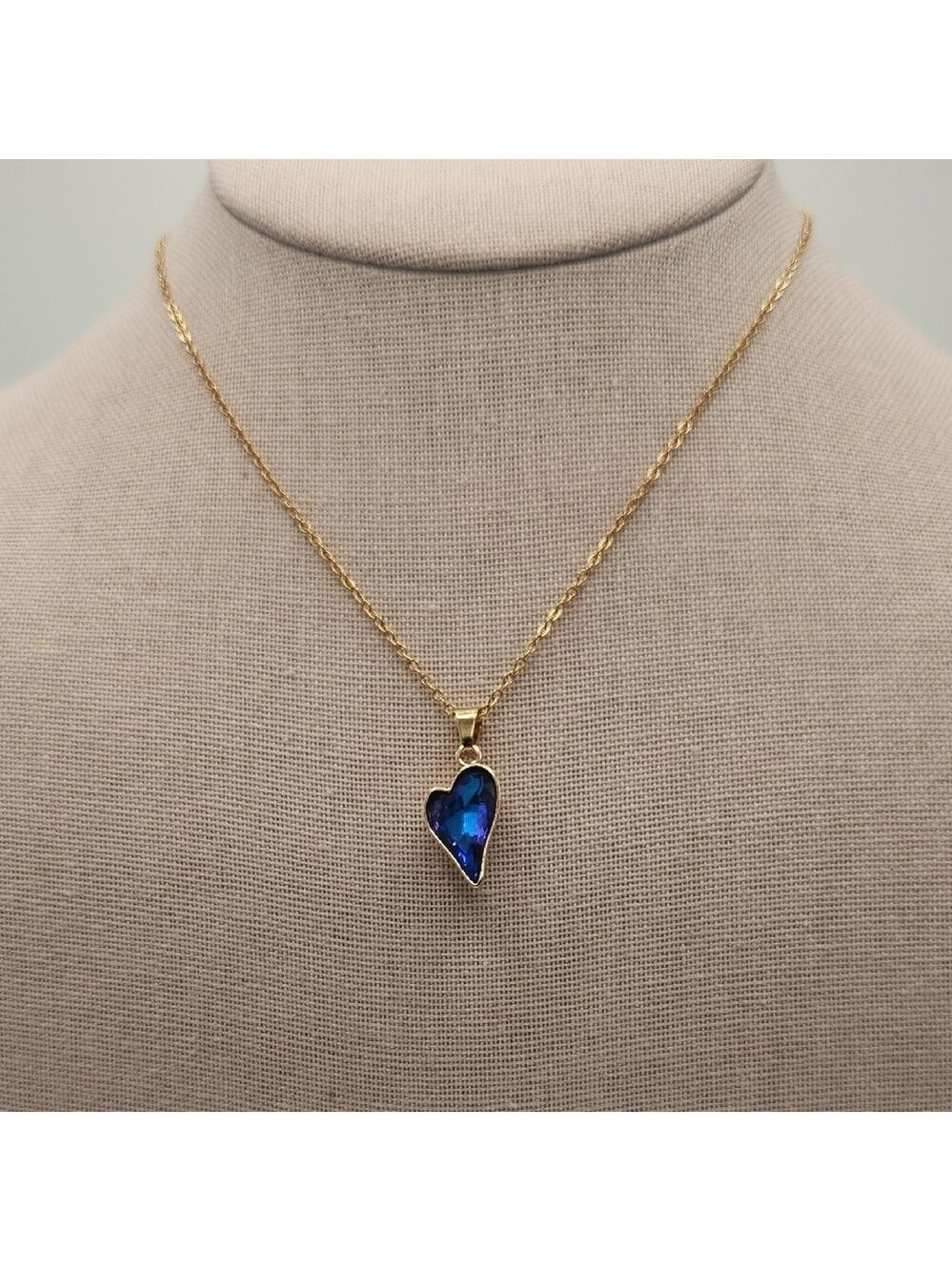 18k Gold Plated Stainless Steel Necklace, Simulated Blue Stone Heart Pendant